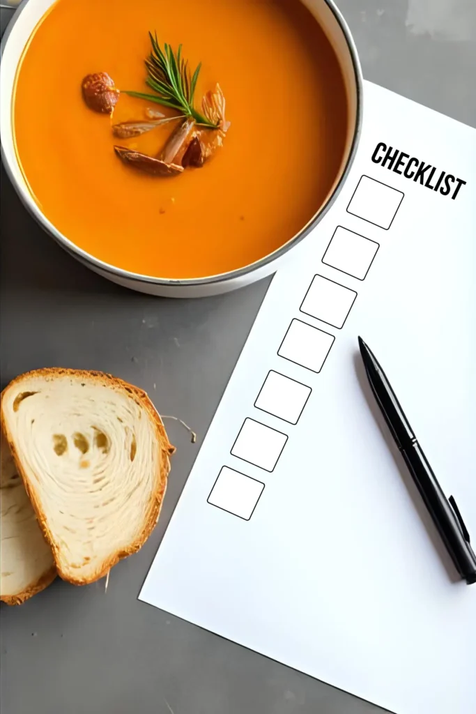 A pot of pumpkin soup on a counter next to a checklist and a pen and slices of bread.