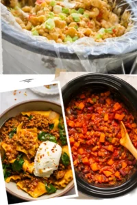 Three photos of fall crockpot dinners : a buffalo chicken pasta, lasagna soup and a pumpkin chili.