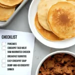 A plate of cooked pancakes and a bowl of cooked ground taco meat next to a checklist of fall meal prep ideas.