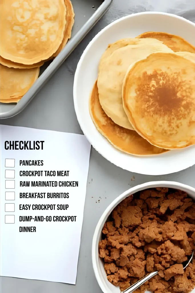A plate of cooked pancakes and a bowl of cooked ground taco meat next to a checklist of fall meal prep ideas.