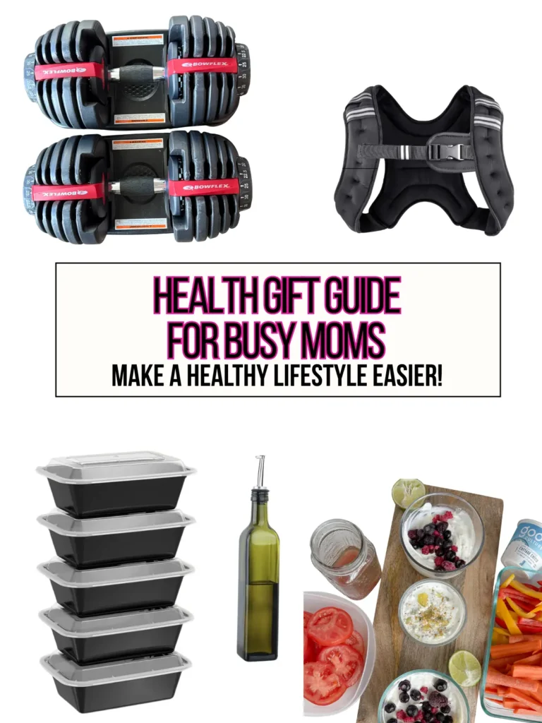 A collage of health gifts like adjustable dumbbells and a weighted vest - gifts that can be seen in this article.