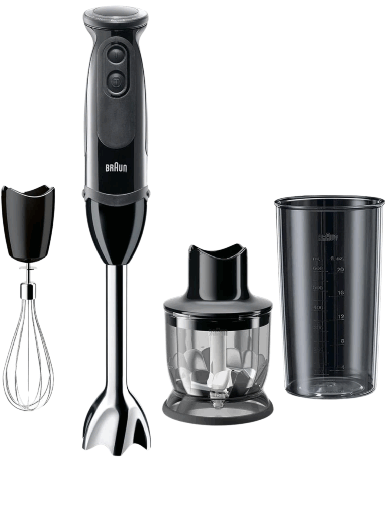 An immersion blender with attachments.