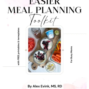 The title page for the Easier Meal Planning toolkit with a photo of different meal prepped components on a cutting board.