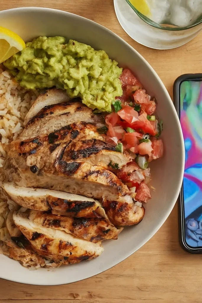 A grilled chicken burrito bowl with guacamole next to a phone and a glass of water with lemon on a table.