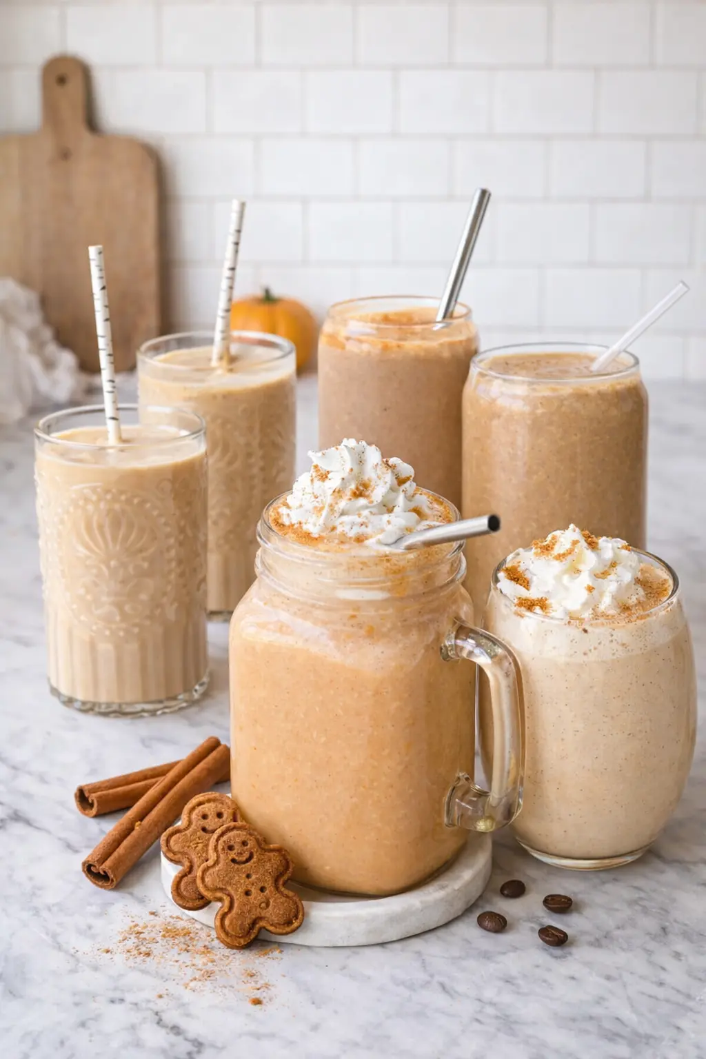 Five cozy protein smoothies with whipped cream and cinnamon on top on a counter decorated with small pumpkins and mini gingerbreads.