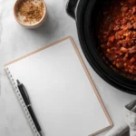 A birds-eye view of a piece of paper and a pen next to a crockpot of chili on a counter.