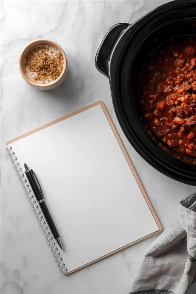 A birds-eye view of a piece of paper and a pen next to a crockpot of chili on a counter.