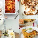 A collage of 4 different healthy breakfasts: a high protein casserole, cottage cheese toast, overnight oats with pistachios on top in a glass, and a slice of quinoa breakfast bake.