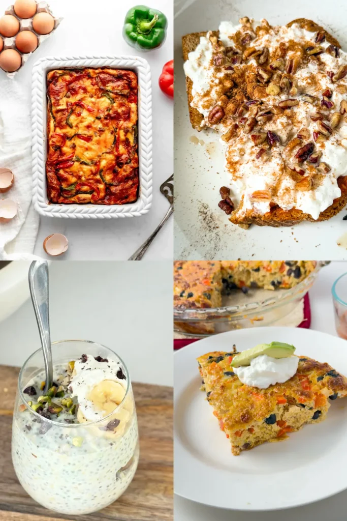 A collage of 4 different healthy breakfasts: a high protein casserole, cottage cheese toast, overnight oats with pistachios on top in a glass, and a slice of quinoa breakfast bake.