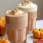 Two cozy protein smoothies with whipped cream and cinnamon on top on a counter decorated with small pumpkins.