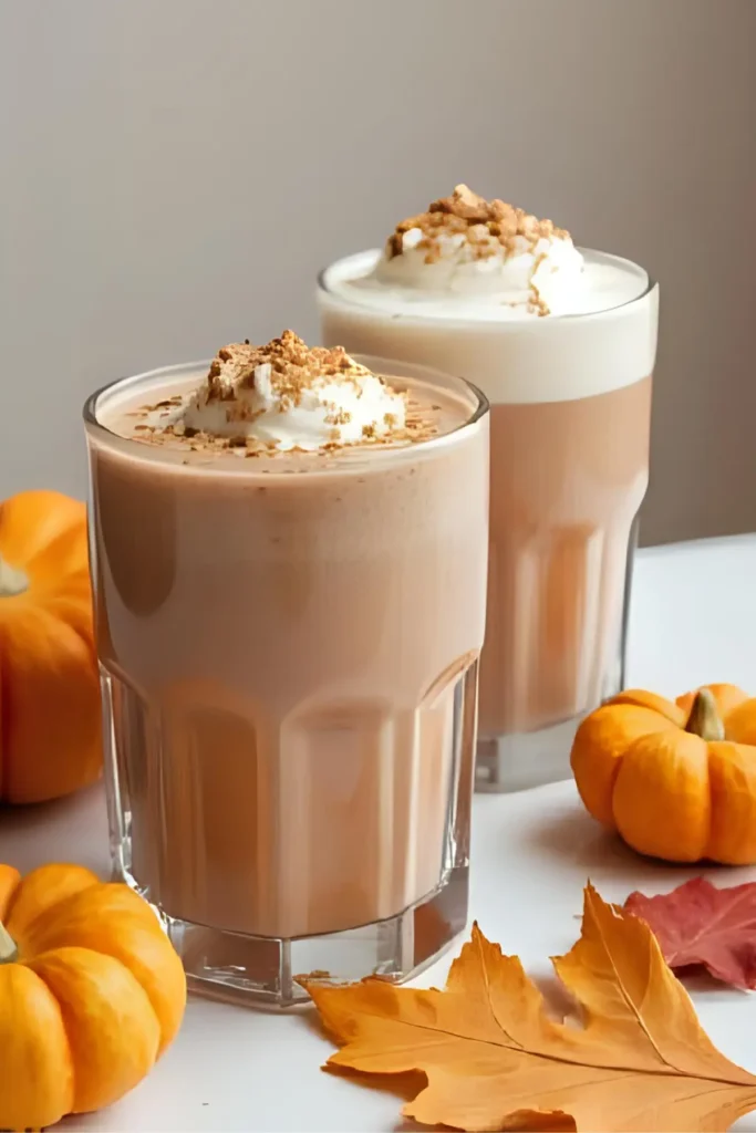 Two cozy protein smoothies with whipped cream and cinnamon on top on a counter decorated with small pumpkins.
