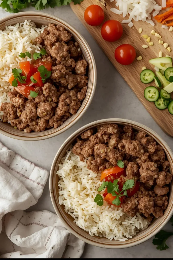 A birds-eye view of two rice and ground beef bowls on a counter next to a hand towel, a cutting board with chopped veggies on it.