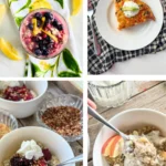 A collage of four anti-inflammatory breakfasts: kefir overnight oats, quinoa breakfast bake, quinoa chia bowl and an apple cinnamon quinoa bowl.