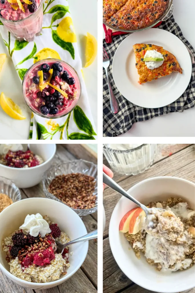 A collage of four anti-inflammatory breakfasts: kefir overnight oats, quinoa breakfast bake, quinoa chia bowl and an apple cinnamon quinoa bowl.
