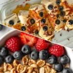 A collage of two photos of a well-balanced breakfast: a bowl of oatmeal topped with chopped nuts, nut butter, and fresh berries along with a pan of high protein breakfast burritos.