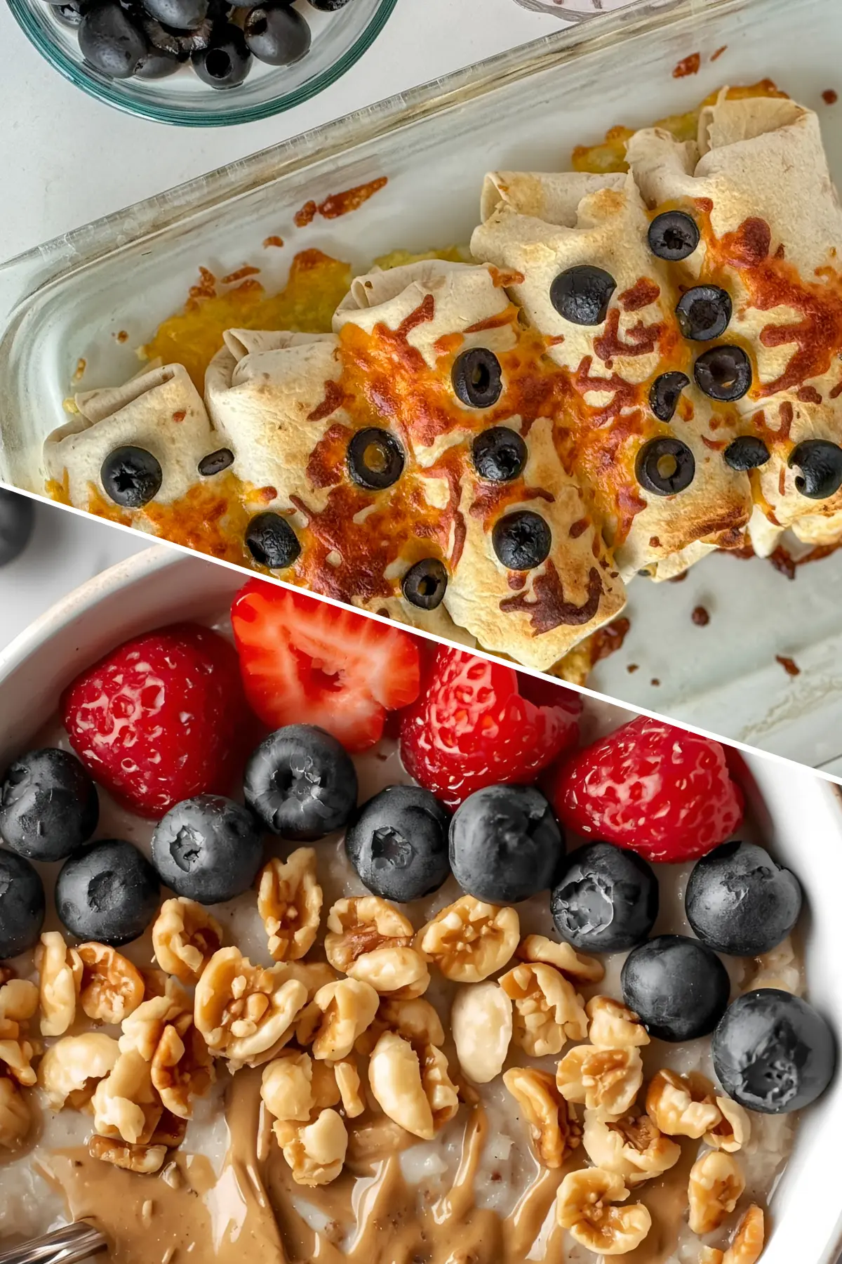 A collage of two photos of a well-balanced breakfast: a bowl of oatmeal topped with chopped nuts, nut butter, and fresh berries along with a pan of high protein breakfast burritos.