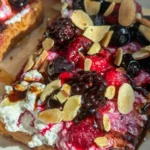 A close-up of a piece of toast topped with thick whipped cottage cheese with chia seeds, berries, slivered almonds and drizzled with balsamic glaze on a plate.
