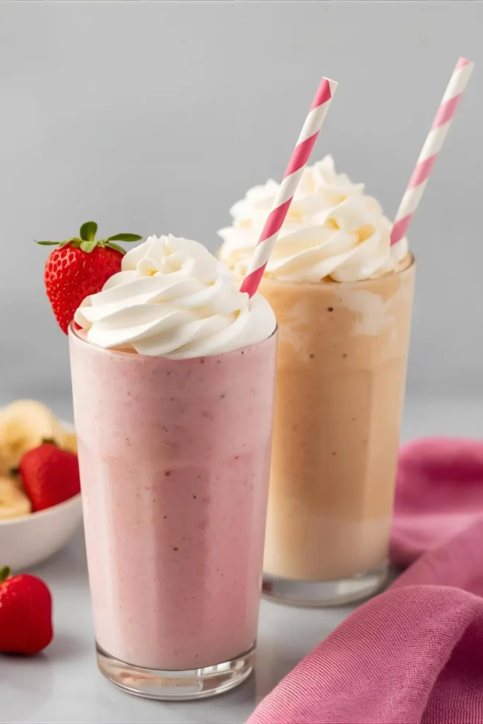 Two dessert smoothies topped with whipped cream in glasses with pink and white decorative straws on a counter next to a bowl of fruit.