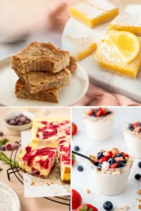 A collage of gluten-free bars and cheesecake.