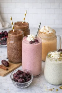 Healthy dessert smoothies including chocolate, berry, pumpkin, and pistachio smoothies served in glasses with whipped cream.