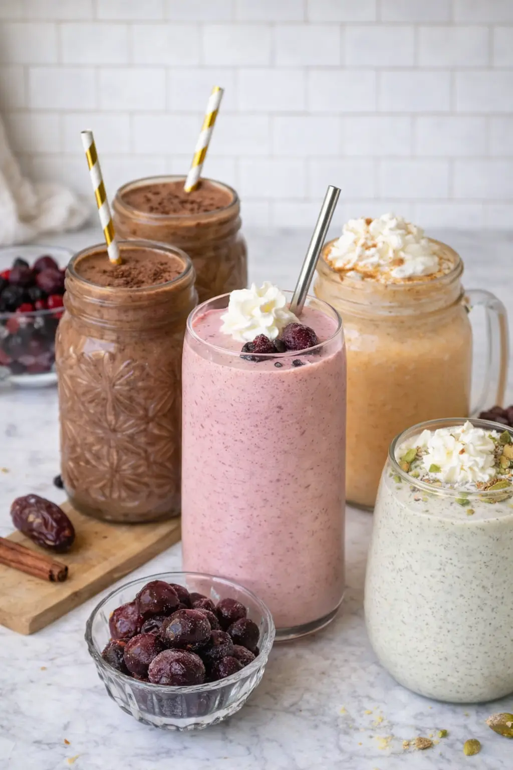 Healthy dessert smoothies including chocolate, berry, pumpkin, and pistachio smoothies served in glasses with whipped cream.