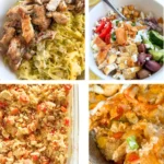 Four high protein dinners with 30 grams of protein: a Greek chicken bowl, Buffalo chicken casserole, coconut casserole and chicken Alfredo spaghetti squash.