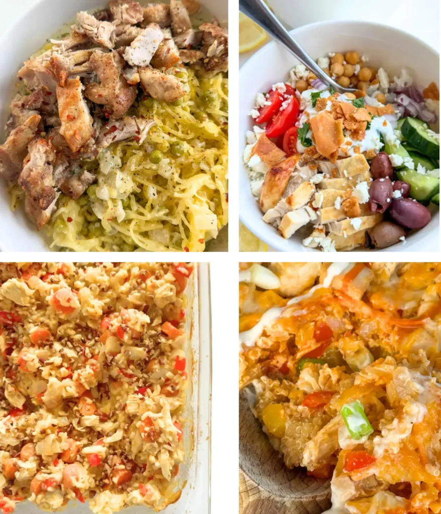 Four high protein dinners with 30 grams of protein: a Greek chicken bowl, Buffalo chicken casserole, coconut casserole and chicken Alfredo spaghetti squash.