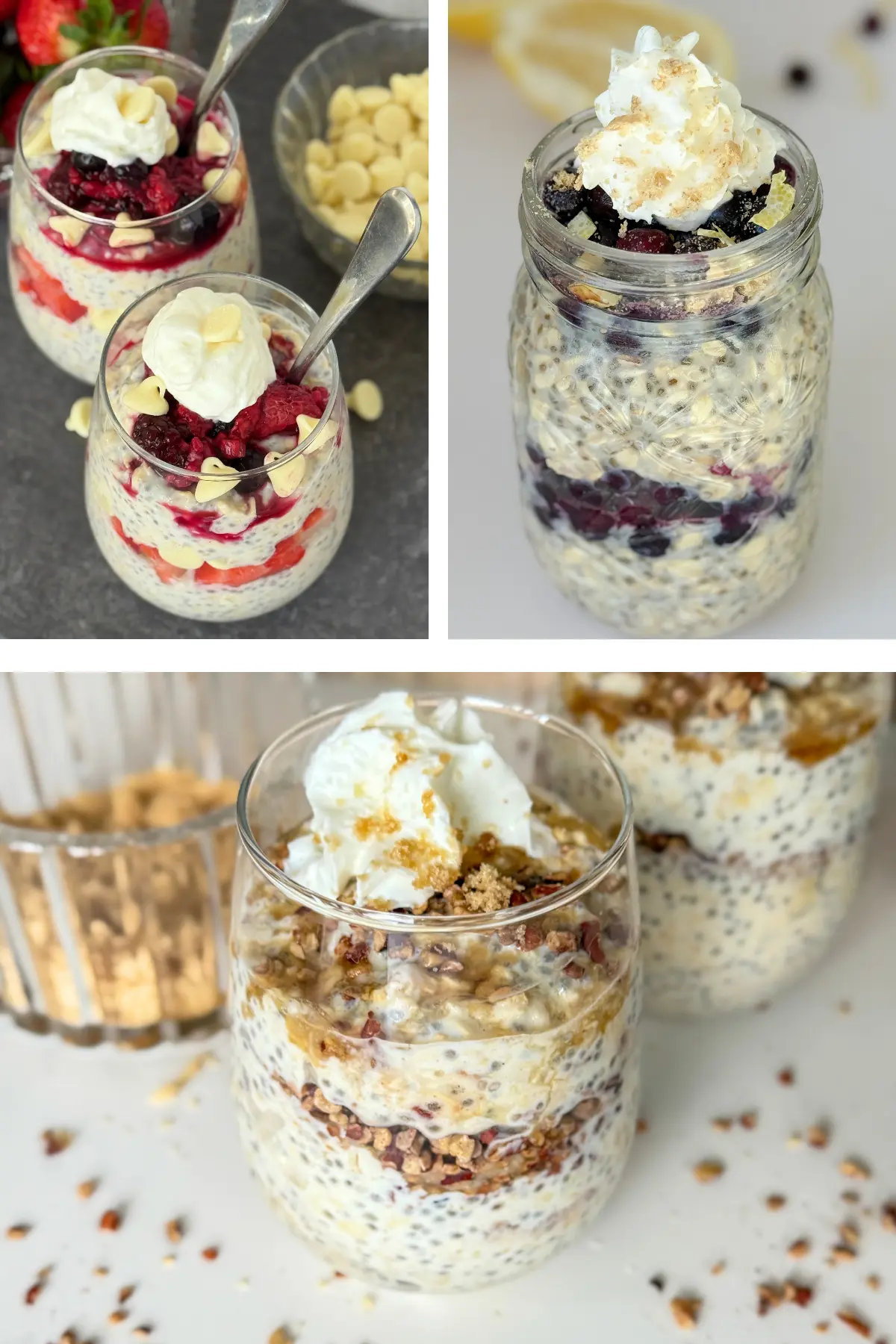 Three dessert overnight oats - maple pecan, blueberry and lemon cheesecake and a white chocolate raspberry version.