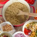 A pot of quinoa next to a Mediterranean power bowl and a coconut milk quinoa breakfast bowl on a counter.