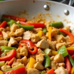 A chicken and bell pepper stir-fry being cooked in a pan.