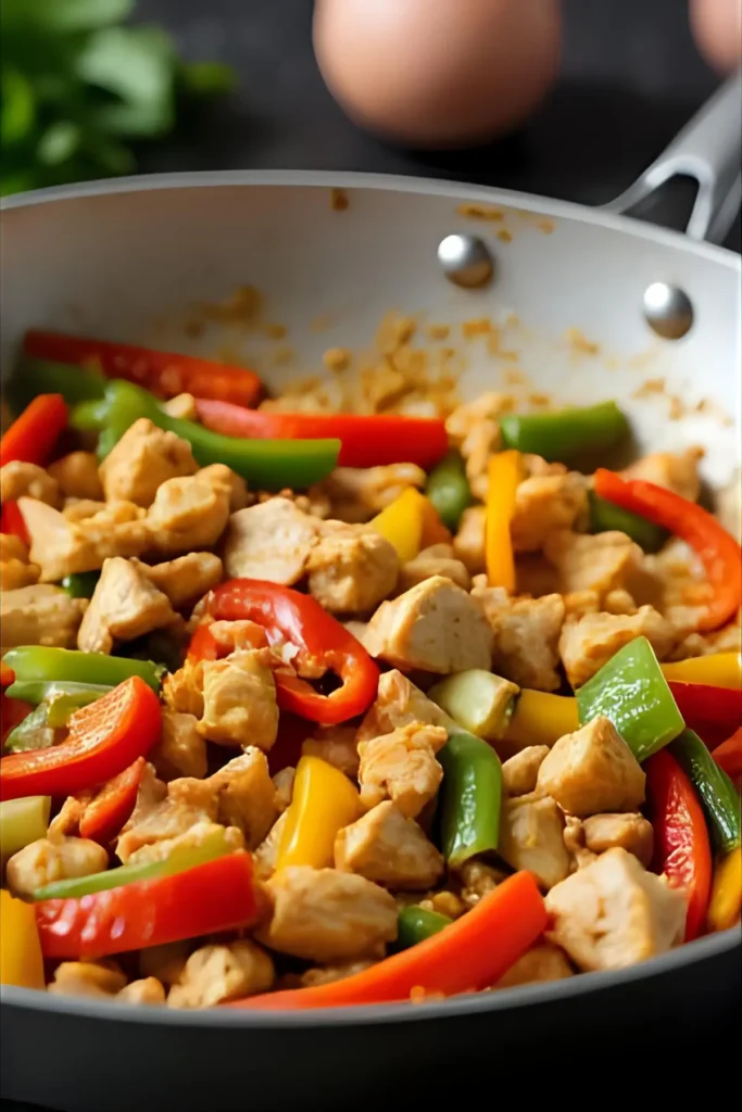 A chicken and bell pepper stir-fry being cooked in a pan.