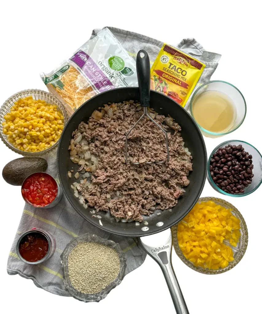 The individually portioned ingredients on a counter.