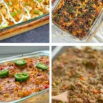 Four baked casseroles: a buffalo chicken quinoa casserole, a Mexican quinoa casserole, street corn chicken casserole and a chicken fried rice casserole.