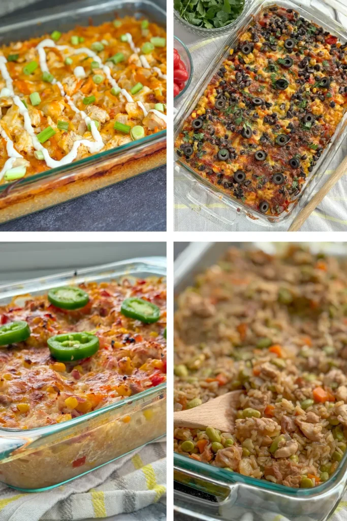 Four baked casseroles: a buffalo chicken quinoa casserole, a Mexican quinoa casserole, street corn chicken casserole and a chicken fried rice casserole.