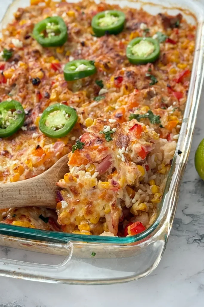 A wooden spoon digging into a street corn chicken and rice casserole after baking.