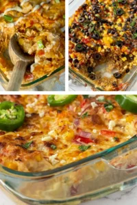 Three baked casseroles in a collage: a buffalo chicken quinoa casserole, Mexican quinoa and street corn chicken casserole.