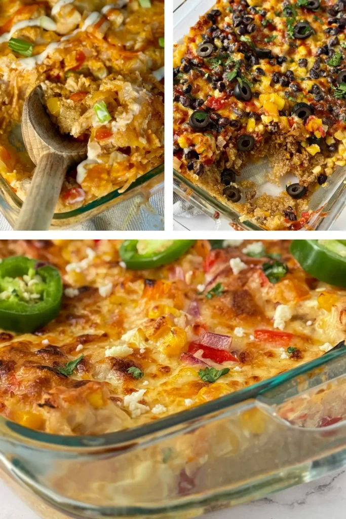 Three baked casseroles in a collage: a buffalo chicken quinoa casserole, Mexican quinoa and street corn chicken casserole.