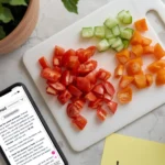 A cutting board next to a phone with a recipe pulled up on it on a counter with a sticky note that says "dinner?".
