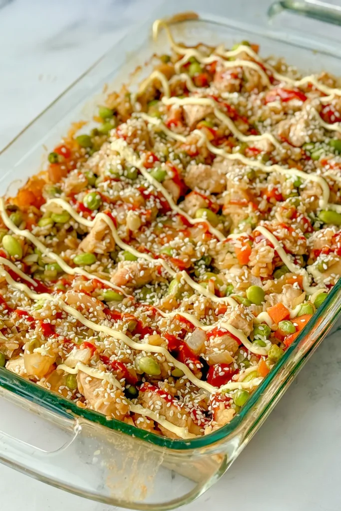A baked chicken fried rice casserole in a glass casserole dish with a wooden spoon in the middle.