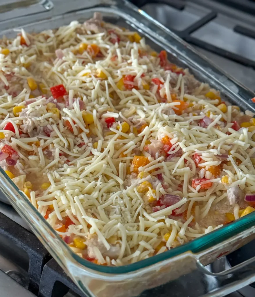 Sprinkling the Monterey Jack cheese onto the casserole.