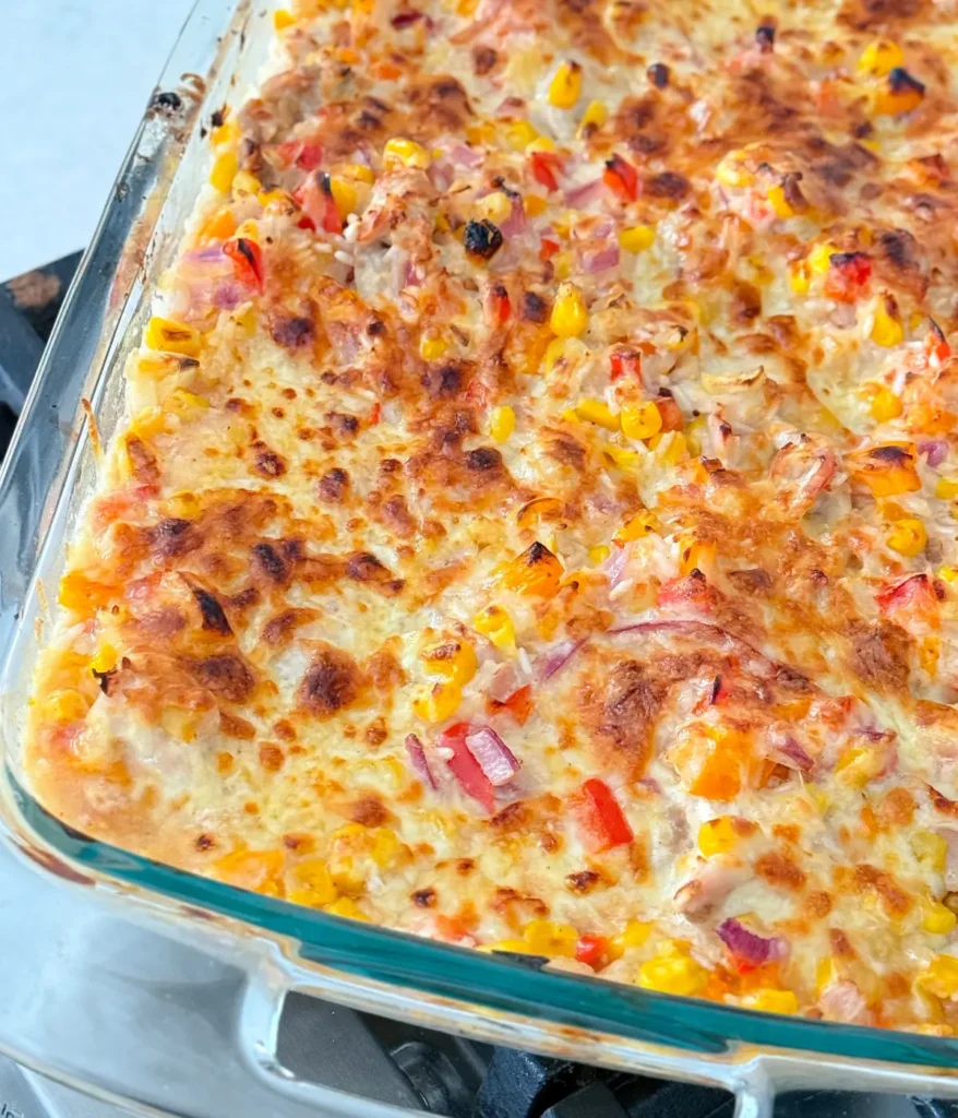 A baked and crispy cheese crust street corn casserole.