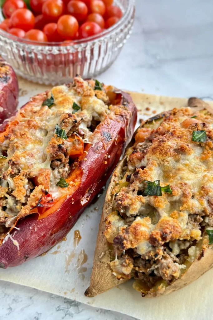A close-up of two roasted sweet potatoes stuffed with ground beef and topped with broiled cheese on a counter next to a bowl of cherry tomatoes.