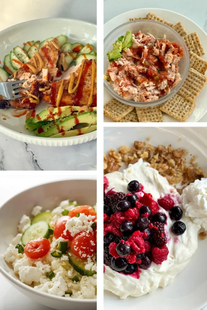 Four work from home lunch ideas: the salmon and cucumber plate on the top left, chicken salad with salsa on the top right, a cottage cheese savory bowl and Greek yogurt cheesecake bowl.