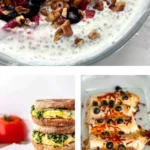 A collage of breakfasts with 25 grams of net carbs or less: a chia breakfast bowl, pesto breakfast sandwiches and breakfast burritos.
