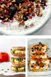A collage of breakfasts with 25 grams of net carbs or less: a chia breakfast bowl, pesto breakfast sandwiches and breakfast burritos.