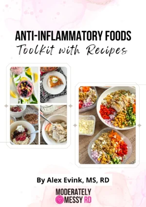 The cover page of the anti-inflammatory diet toolkit digital e-book with images of anti-inflammatory meals.