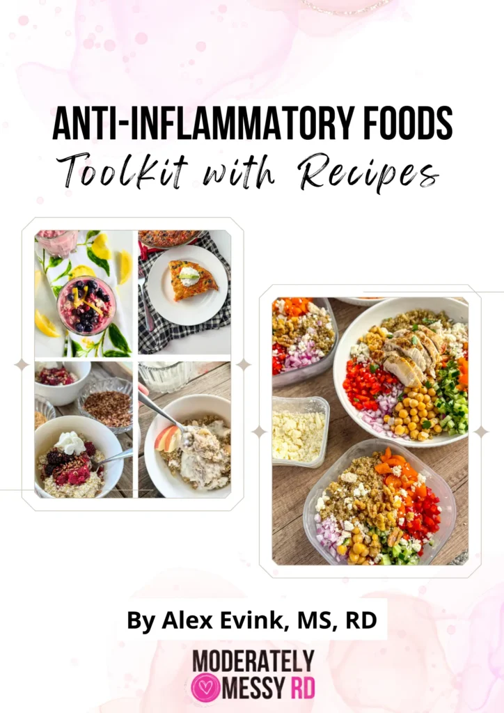 The cover page of the anti-inflammatory diet toolkit digital e-book with images of anti-inflammatory meals.