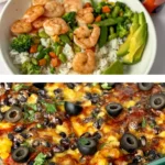 A shrimp and veggie power bowl on the top with a taco casserole on the bottom.