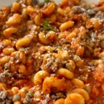 A bowl of pasta with ground meat in a white bowl.