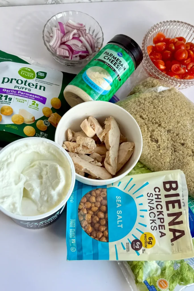 Ingredients for the chicken Caesar power bowl ona counter.